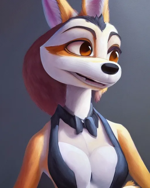 Image similar to oil painting of anthromorphic female wolf, in style of zootopia, zootopia, zootopia, fursona, furry, furaffinity, 4 k, deviantart, furry art, fursona art, wearing black business suit, business suit, in style of zootopia, wolf fursona, cyberpunk, female, expressive detailed feminine face,