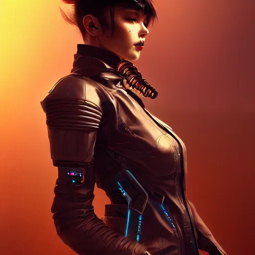 Image similar to portrait of a beautiful cyborg woman, leather jacket, at futuristic cyberpunk tokyo night, sci - fi and fantasy, intricate and very very very beautiful, highly detailed, digital painting, artstation, concept art, smooth and sharp focus, illustration, art by tian zi and wlop and alphonse mucha