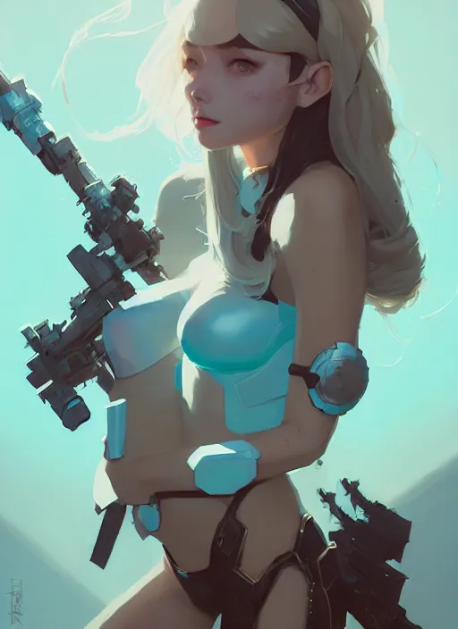 Image similar to portrait of cute girl in cyber bikini armor, warhammer, by atey ghailan, by greg rutkowski, by greg tocchini, by james gilleard, by joe fenton, by kaethe butcher, dynamic lighting, gradient light blue, brown, blonde cream and white color scheme, grunge aesthetic