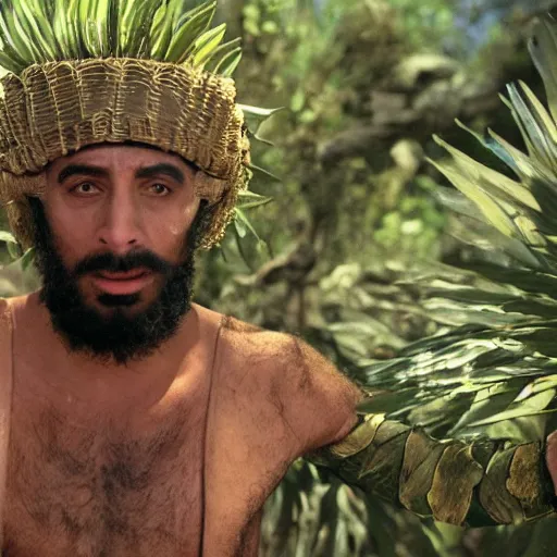 Image similar to cinematic still of hiding middle eastern skinned frightened man wearing fig leaves for clothing, paradise background, from Biblical epic by Steven Spielberg