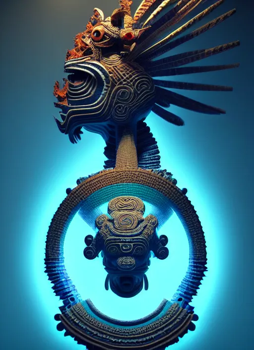 Image similar to 3 d mayan goddess profile portrait. beautiful intricate highly detailed quetzalcoatl helmet and feathers. low - key lighting, bioluminescent, plasma, lava, ice, water, wind, creature, thunderstorm! artwork by tooth wu and wlop and beeple and greg rutkowski, 8 k trending on artstation,
