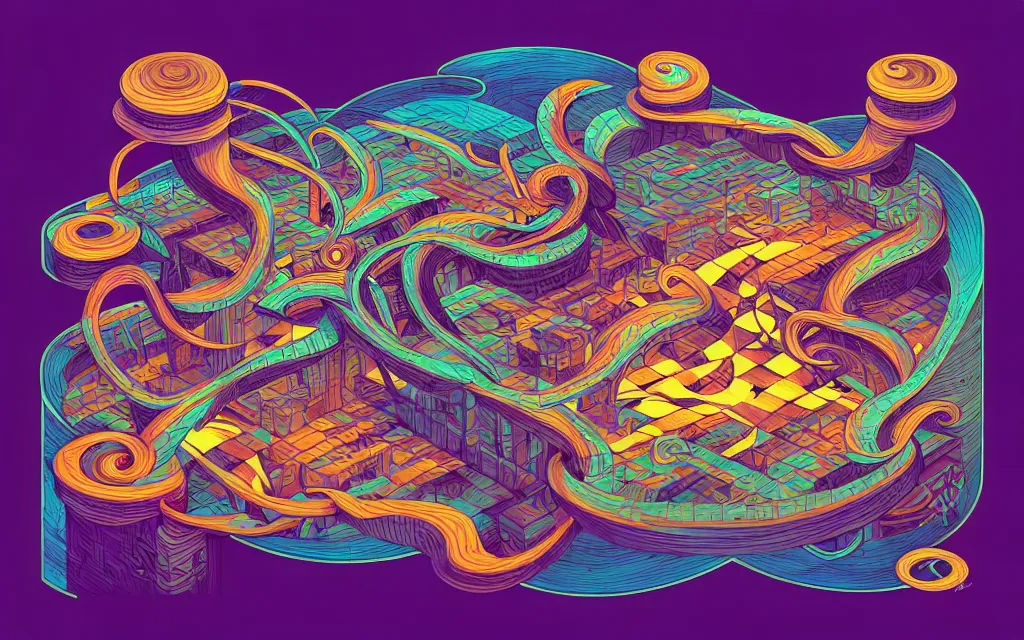 Image similar to twisted turn of fate abstraction, centered award winning ink pen illustration, isometric abstract illustration by dan mumford, edited by craola, technical drawing by beeple and tooth wu, tiny details by artgerm and watercolor girl, symmetrically isometrically centered