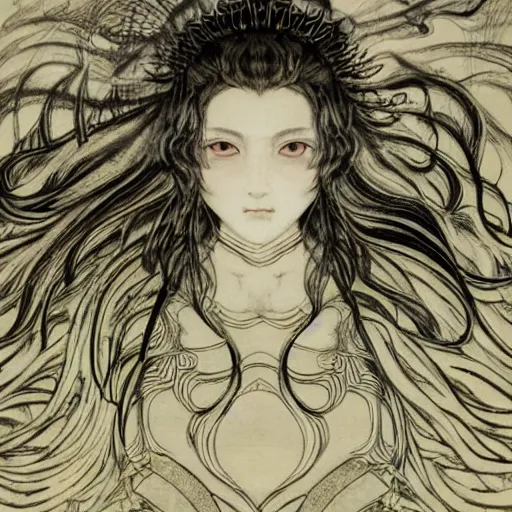 Image similar to yoshitaka amano blurred and dreamy illustration of a girl with black eyes, wavy white hair fluttering in the wind wearing elden ring armor and crown with engraving, highly detailed face, abstract black and white patterns on the background, noisy film grain effect, highly detailed, renaissance oil painting, weird portrait angle, blurred lost edges, three quarter view