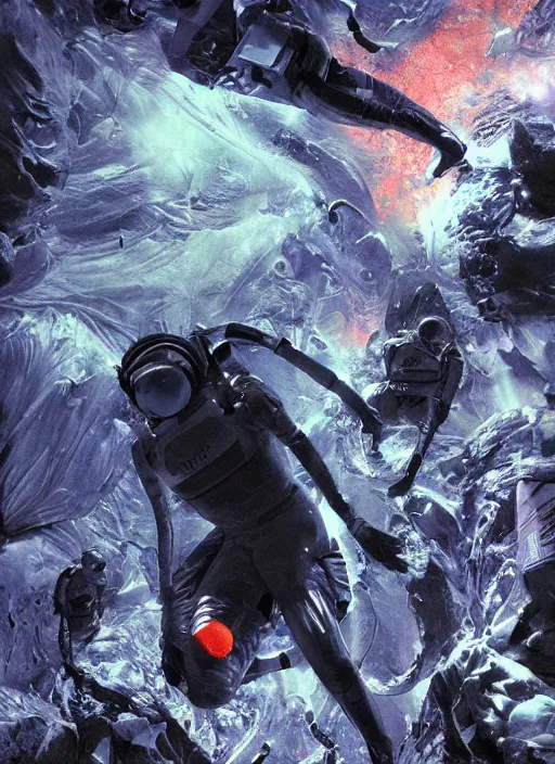 Image similar to astronauts in the dark infinite underwater void - complex and hyperdetailed technical suit, fabric material. reflection and dispersion materials. rays and dispersion of light. volumetric light. wide angle, f / 3 2. noise film photo. flash photography. ultra realistic, wide angle. poster by wayne barlowe, hajime sorayama aaron horkey, craig mullins