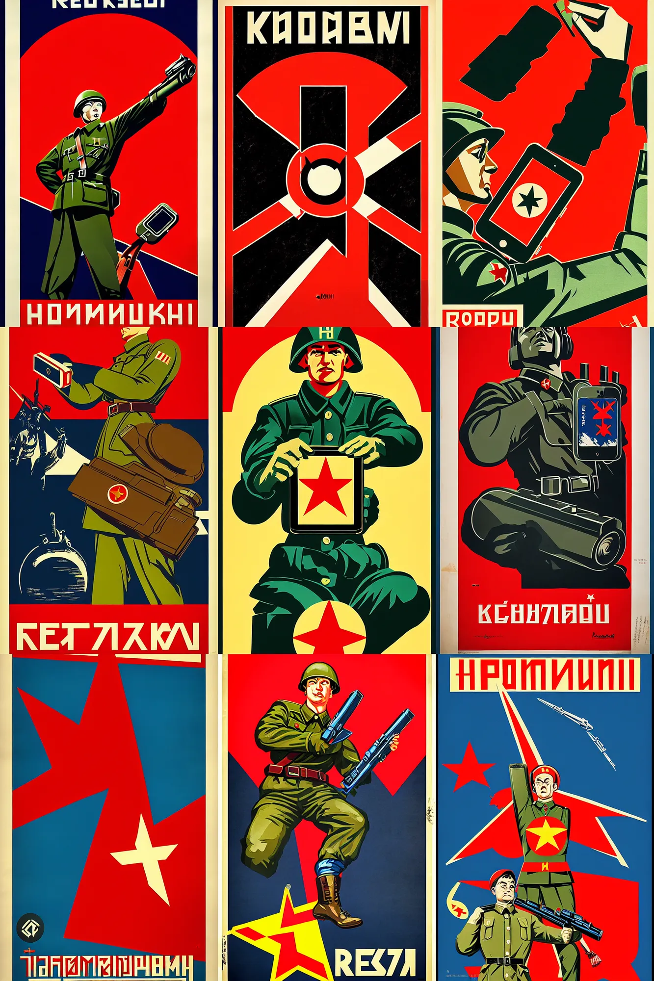 Prompt: a wwii soviet propaganda poster advertising an android smartphone by rei kamoi and dan mumford and robin eley, communist hammer and sickle