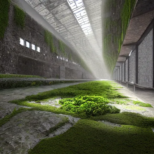 Prompt: An ancient and mysterious computer Integrated Circuit made of stone, mossy foliage, gritty stone texture, terminal screen with an entry menu, large humid, a shaded room with water dripping from the side and huge hallways going to all sides, high ceilings, artistic render, mist, soft light ray