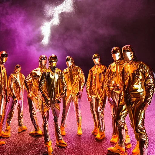 Image similar to unsplash contest winning photo, a giant crowd of men in full - body shiny reflective iridescent silver latex suits including masks and pants and shirts, inside a colorful dramatic unique rocky western landscape, low fog, neon light tube