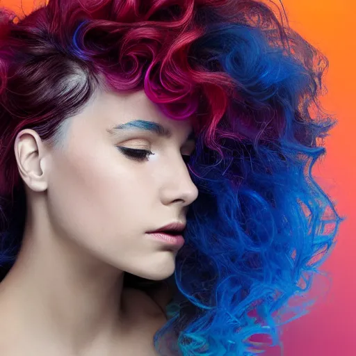 Prompt: Close-up side profile portrait of an attractive woman with an aquiline nose and a strong jawline. She has glowing blue skin with a complex subsurface energy effect. Her big long wavy curly pink and orange hair fills most of the image and is realistically illuminated by the blue glow of her face. Her big long wavy curly pink and orange hair hangs down behind her face. Her big long wavy curly pink and orange hair hangs down over the side of her face, covering her ear. Weta Digital. Animal Logic. Industrial Light & Magic.