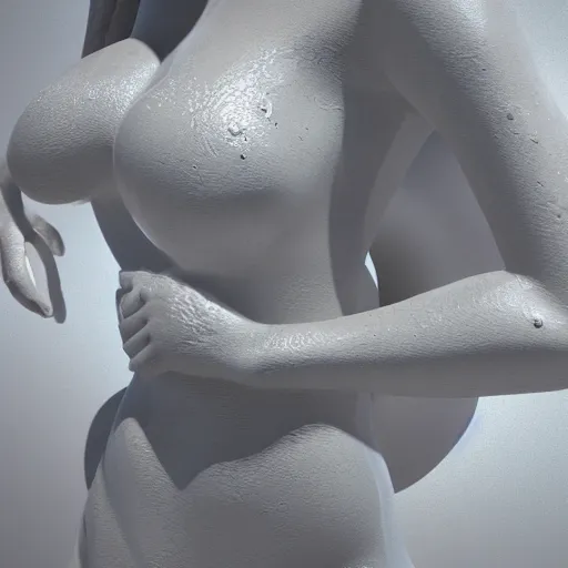 Image similar to 3 d fluid simulation render, octane render, xparticles, white colors, female bodies, white carved abstract sculpture