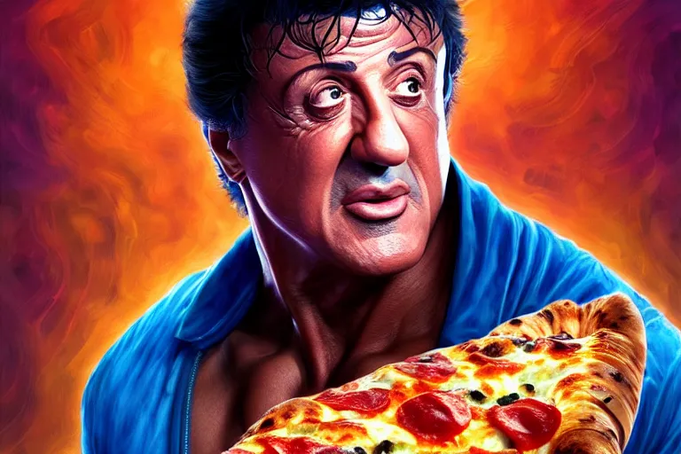 Image similar to sylvester stallone is a calzone pizza, hyper detailed, digital art, artstation, cinematic lighting, studio quality, smooth render, by artgerm, android jones, boris vallejo