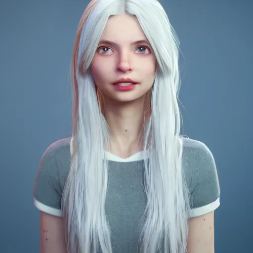 Image similar to Render of Lily, a cute 3d young woman, long white hair, full round face, light blue eyes, bisque skin tone, cute freckles, light red blush, smiling softly,wearing casual clothing, interior lighting, cozy living room background, medium shot, mid-shot, hyperdetailed, trending on Artstation, Unreal Engine 4k