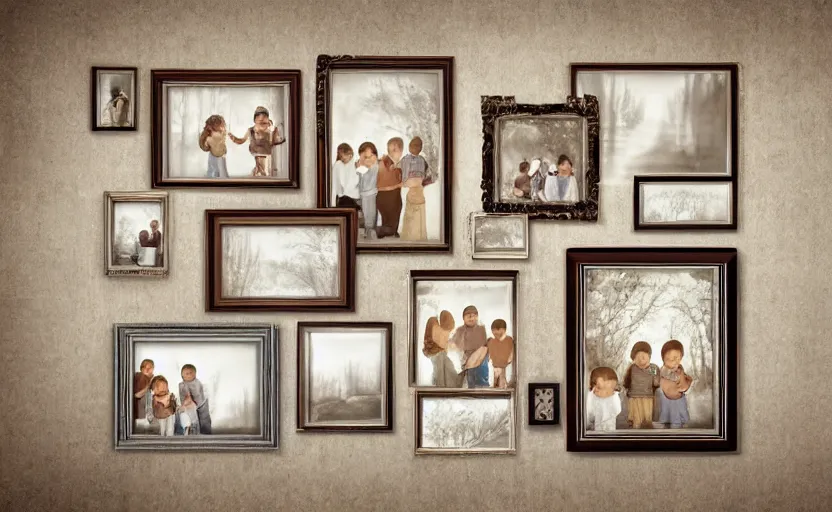 Image similar to storybook illustration of family photo portraits in picture frames on a wall, watercolor, sepia tints