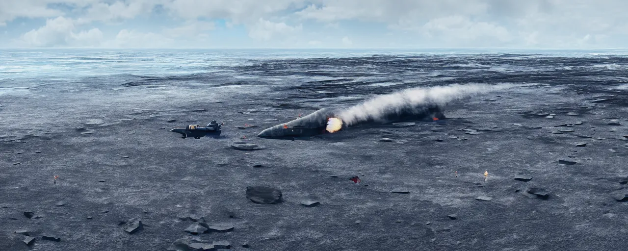 Image similar to matte painting of military spacecraft crashing into an endless black sand beach in iceland with icebergs in the distance, trending on artstation, octane render, hd, 8 k