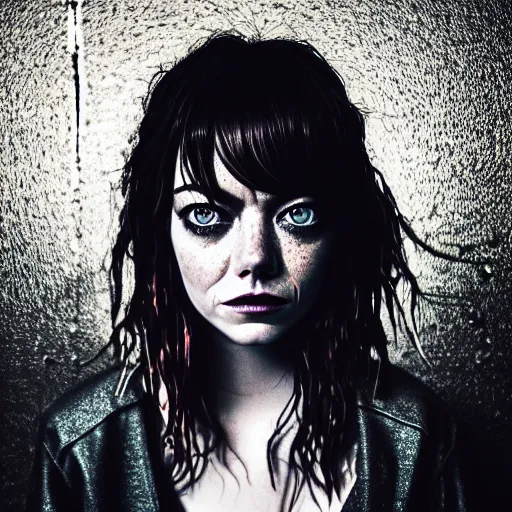 Prompt: Emma Stone, grungy, unkept hair, glowing eyes, modelsociety, wet from rain, radiant skin, huge anime eyes, bright on black, dramatic, studio lighting, perfect face, intricate, Sony a7R IV, symmetric balance, polarizing filter, Photolab, Lightroom, 4K, Dolby Vision, Photography Award