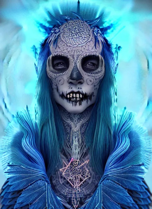 Prompt: 3 d shaman with tattoos profile portrait, sigma 5 0 0 mm f / 5. beautiful intricate highly detailed skull and feathers and hairs and tattoos. bioluminescent, plasma, frost, water, wind, creature, gradient background, thunderstorm! artwork by tooth wu and wlop and beeple and greg rutkowski, 8 k trending on artstation,