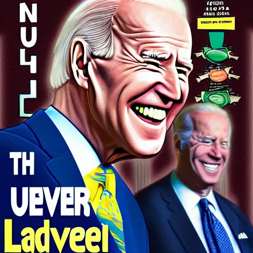 Image similar to Super Evil Joe Biden laughin, cover art by Stephen Bliss, Boxart