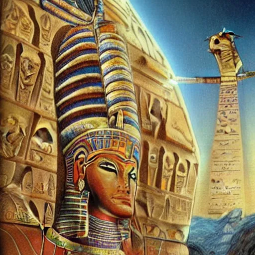 Image similar to the annunaki have returned to egypt wearing space suits that look like egyptian pharoah head - dresses and breathing hoses that look like elephant trunks - alien - looking, futuristic, detailed, photo - realism - by bob ross