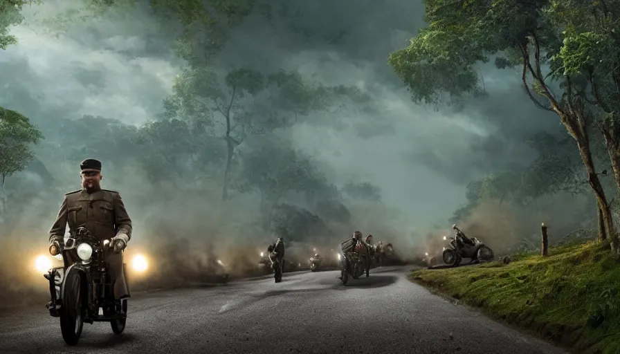 Prompt: a british officer driving a motorcycle alone in 1921 in kerala forest road, local people chasing to attack, furious action scene, chase, an epic fantasy, dramatic lighting, cinematic, establishing shot, extremely high detail, photorealistic, cinematic lighting, artstation, by christopher nolan, horizon forbidden west