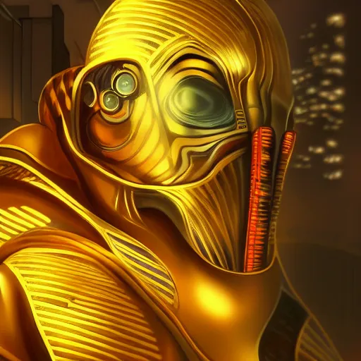 Image similar to golden bordered mural of a futuristic general grevious, hyper realistic, cyberpunk, nightcore, 4 k, highly detailed, beautifully rendered