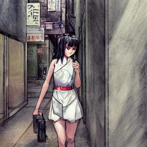 Image similar to a perfect, realistic professional digital sketch of a Japanese schoolgirls posing in a postcyberpunk alleyway, style of Marvel, full length, by pen and watercolor, by a professional American senior artist on ArtStation, a high-quality hollywood-style sketch, on high-quality paper