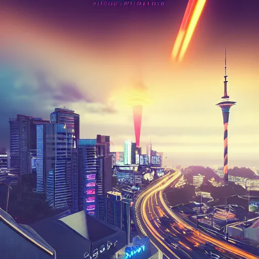 Image similar to auckland city and sky tower furturistic beacon, dynamic lighting, cinematic composition, upside down stranger things, cyberpunk, evil, artstation, octane render