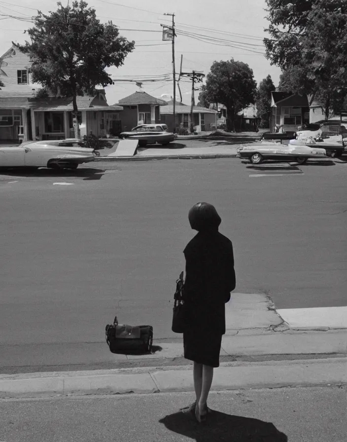 Prompt: “ 1 9 6 0 s quiet american neighborhood, a woman waiting ”