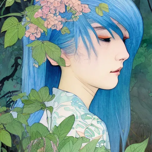 Image similar to side view a beautiful and inspiring intricate watercolor illustration artwork bright blue hair japanese beautiful sweet girl in the forest, feeling the nature, eyes closed, 4 k, ultra - wide angle, by william turner, by victo ngai, by alphonse mucha, by miho hirano, hd, trending on artstation, hyper detailed, muted colors, inspiring, beautiful, energetic