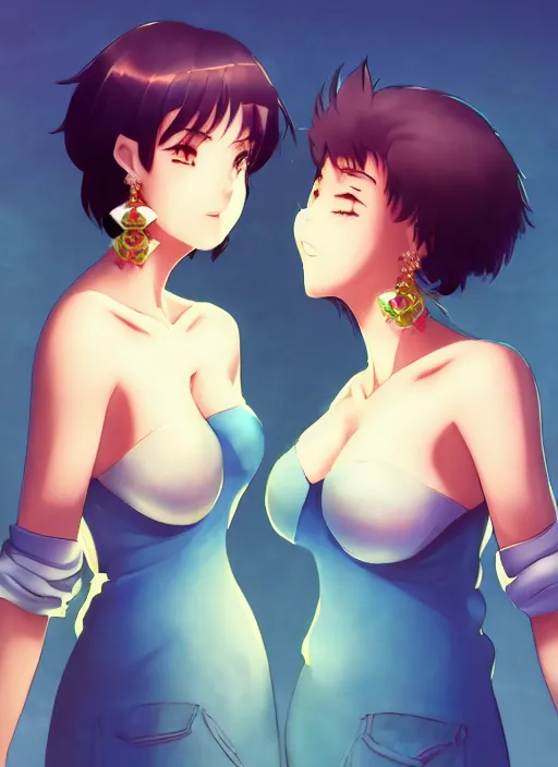 Prompt: two beautiful mothers taunting each other, gorgeous faces, beautiful earrings, smooth, thick lines, cinematic lighting, detailed anime art