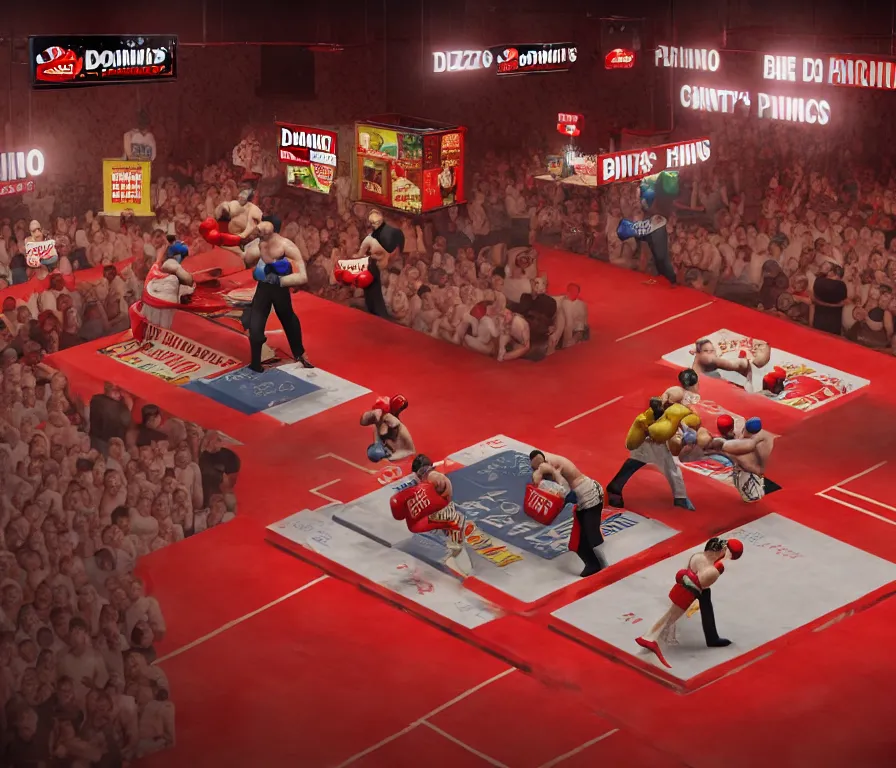 Prompt: Domino's pizza in a boxing match with Pizza Hut, deviantart, cinematic, 8k