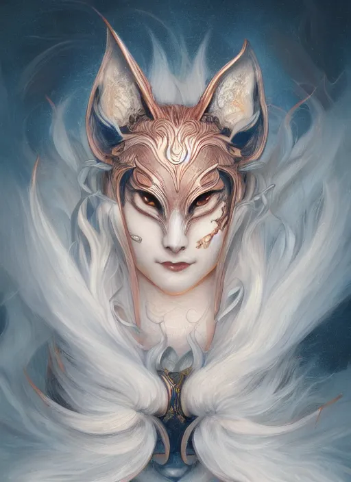 Image similar to a beautiful detailed oil on copper art illustration of a japanese kitsune mask devil beautiful woman, centered, by charlie bowater, zeng fanzh, trending on artstation, dim dusk lighting, cinematic lighting, detailed lighting, volumetric lighting, realistic, f 8, 4 k hd wallpaper