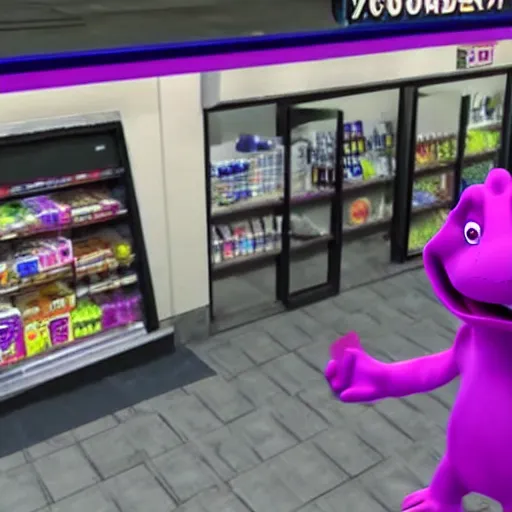 Prompt: security cam footage of barney the dinosaur robbing a convenience store