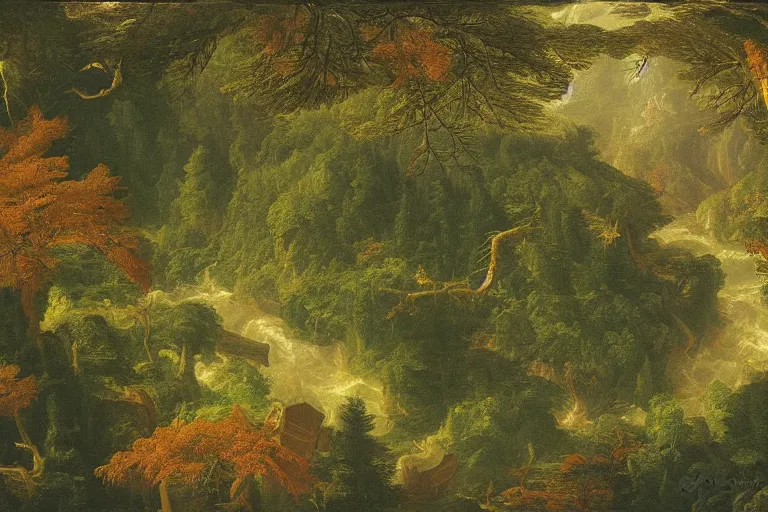 Image similar to top down view of lush pine forest, many witch houses, river flowing through the forest by thomas cole by justing gerard