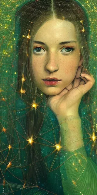 Image similar to an marveled young woman surrounded by golden firefly lights in a mesmerizing scene, sitting amidst nature fully covered, intricate detailed dress, long loose red hair, precise linework, accurate green eyes, small nose with freckles, smooth oval head, expressive emotions, hyper realistic ultrafine portrait by artemisia gentileschi, jessica rossier, artgerm