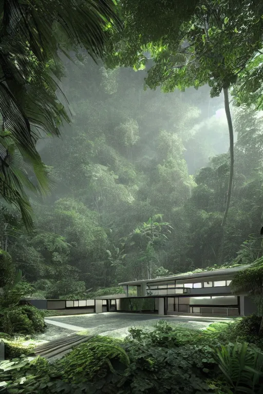 Image similar to architecture inspired by le corbusier in the rainforest. octane render. global illumination. mist. atmospheric.