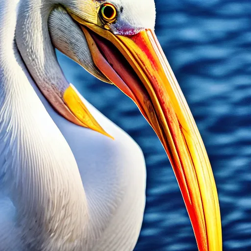 Image similar to awardwinning nature photography portrait of a white pelican in full flight above the ocean as seen from below. extremely highly detailed beak