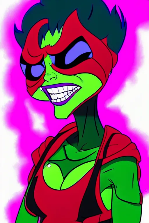 Prompt: toxic terri, a punk supervillainess with mutagenic powers, glowing energy effects, full color digital illustration in the style of don bluth, jamie hewlett, artgerm, artstation trending, 5 k