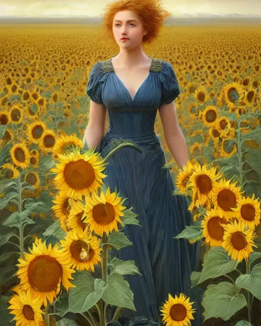 Image similar to a girl slowly walking through amazing tall sunflower field, hair flowing, early morning lightning, bad weather approaching, oil on canvas, artstation, by j. c. leyendecker and edmund blair leighton and charlie bowater, beautiful face, octane, very aesthetic!!!!!!!!!!!!!!!