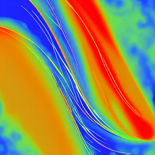 Image similar to a CFD Simulation of a spaceshuttle, Colourful, Multiphase flow