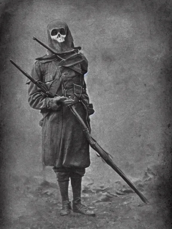 Prompt: photo of grim reaper, ww1 photo, grainy, high detail, high resolution,