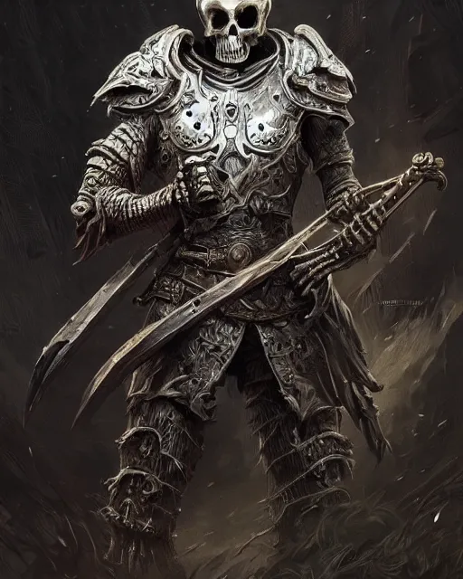 Prompt: skeletal warrior, intricate helm wielding a sword, hyper realistic, fantasy art, in the style of greg rutkowski, intricate, hyper detailed, smooth