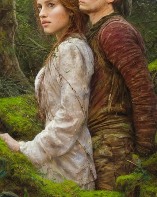 Prompt: a well - lit, realistic portrait oil painting of a thoughtful young, shy, redheaded irish alicia vikander resting her head on her boyfriend's shoulder, in moss - covered ruins, highly detailed, intricate, concept art, artstation, by donato giancola, ron cobb, and artgerm