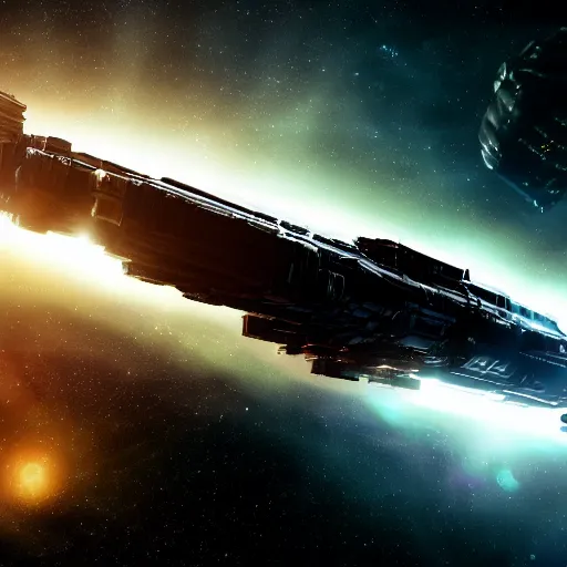 Image similar to spaceship transporting cargo containers, black background, eve online, the expanse, long shot, gritty, industrial