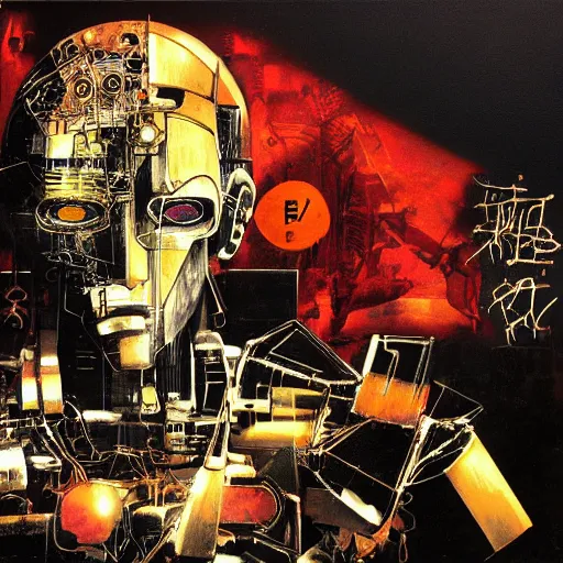 Prompt: the fullmetal neon robot sirius has a kernel without memory nor feelings, although he believes he is a god, oil on canvas by dave mckean and yoji shinkawa