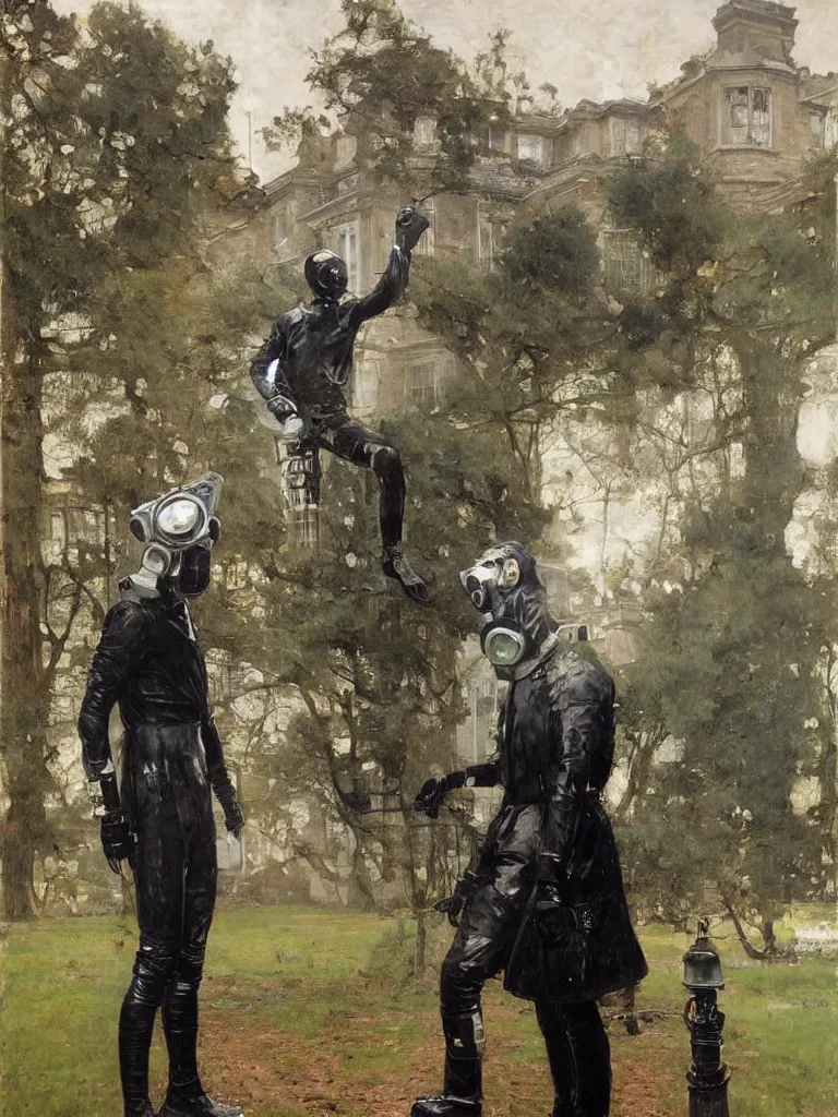 Prompt: full body portrait of an incredibly tall man dressed entirely in latex and wearing a gas mask standing on the driveway leading to an enormous stately home at midday, john william waterhouse, john berkey, michael alford, jeremy mann