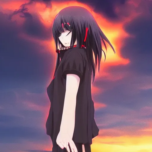 Image similar to 1 7 - year - old anime goth girl, black hair, long bob cut, long bangs, gothic coat, golden hour, partly cloudy sky, red clouds, orange sky, old town, strong lighting, strong shadows, vivid hues, ultra - realistic, sharp details, subsurface scattering, intricate details, hd anime, 2 0 1 9 anime