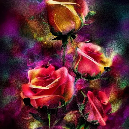 Image similar to Smoke infused colorful roses, hazy, atmospheric, inspiring, digital art, award winning, artstation,