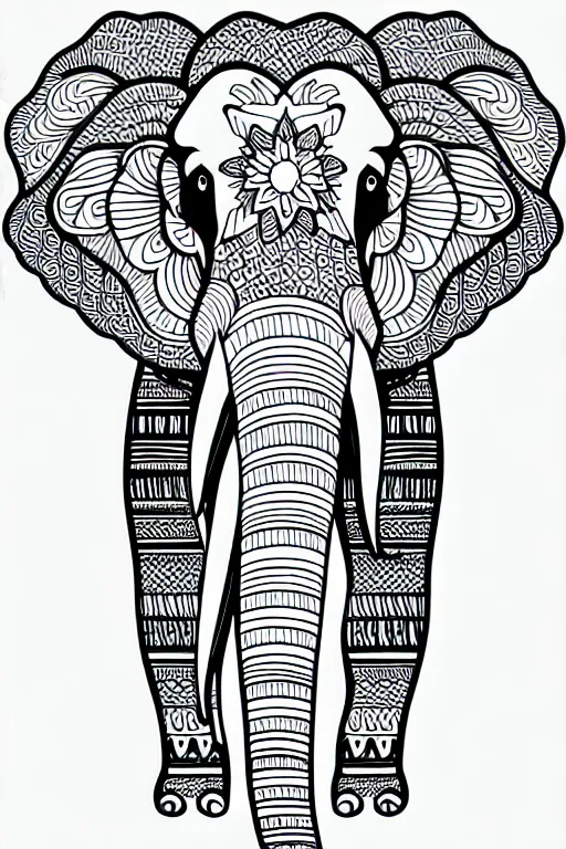 Image similar to elephant ornaments fractal ink drawing line art colouring page vector margins, fine lines