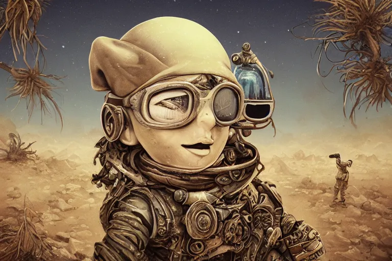 Image similar to a highly detailed forgotten garden gnome wearing goggles and head scarf surviving in a vast barren desert, hopeless wasteland background with a relentless raging sun overhead, post - apocalyptic road warrior vibe, dynamic pose, an ultrafine detailed painting by joe fenton, trending on deviantart, pop surrealism, whimsical, lowbrow, perfect symmetrical face, sharp focus, octane, masterpiece