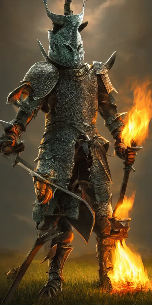 Image similar to full body portrait of half rat knight holding a great sword made of fire, anthropomorphic, prompt:hyper realistic, high detail, photo realistic, cinematic lighting, rendering by octane, spot lighting, in a open field, high quality, coherent. green hue armor