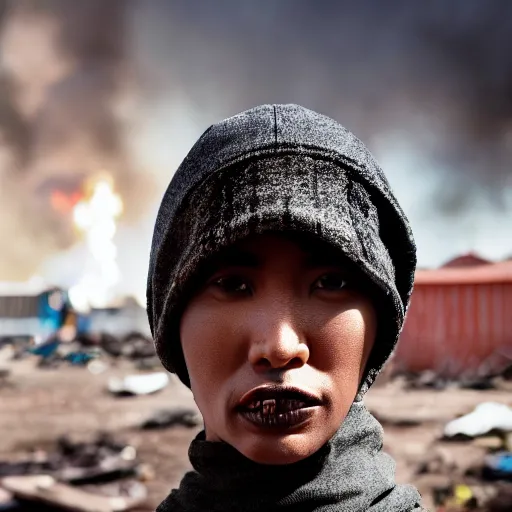 Image similar to photographic portrait of a poor streetwear woman in distress, a futuristic shanty town burns in the background, closeup, sigma 85mm f/1.4, 4k, depth of field, high resolution, 4k, 8k, hd, full color